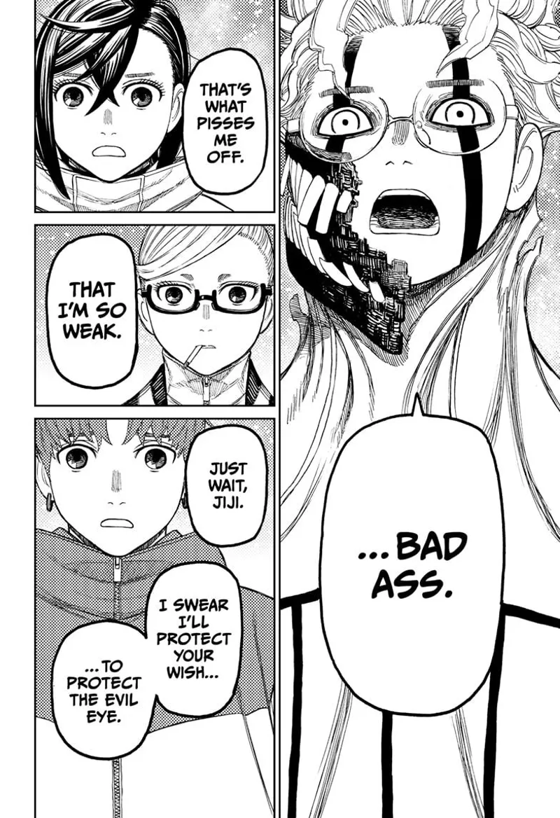 Okaron changes into cursed form. Momo, Grandma, and Jiji are surprised.