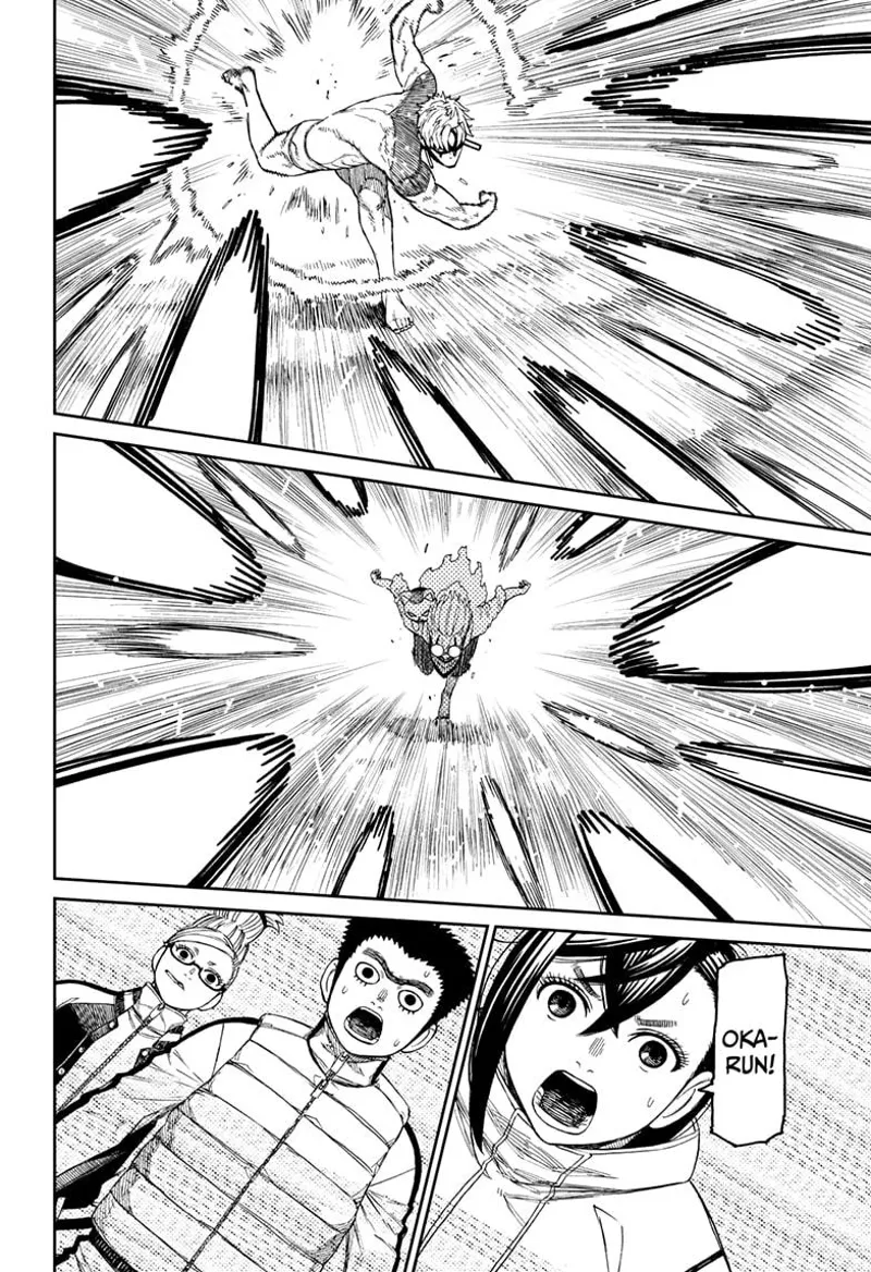Evil Eye punches the spirit ball to bits to curse Okarun. Momo, Manjiro, and Grandma watch.