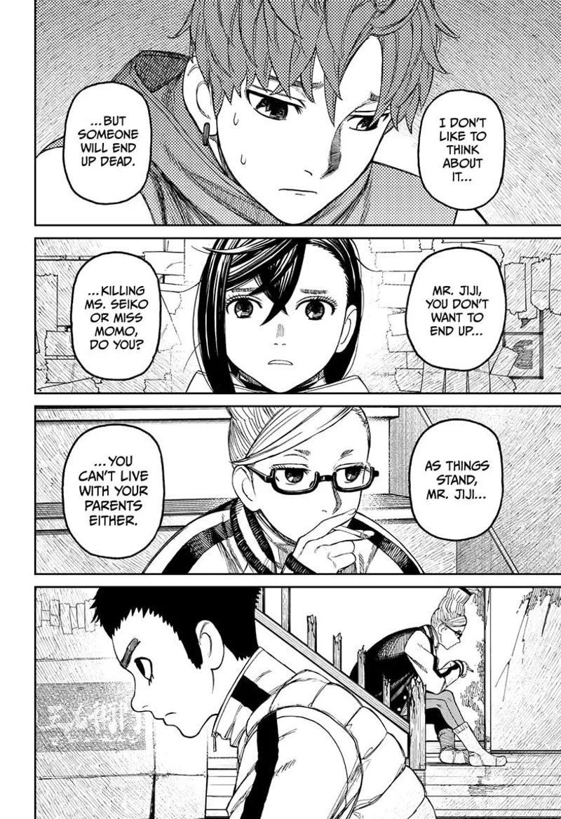 Jiji, Momo, and Grandma listen as Manjiro tells him he might defeat Momo, Grandma, or his parents next time.