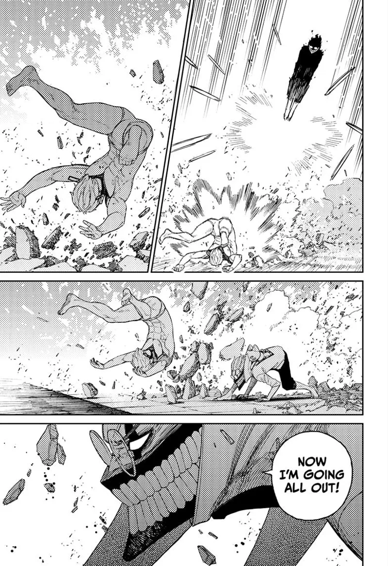 Evil Eye tumbles backward to evade cursed Okarun's double kick.