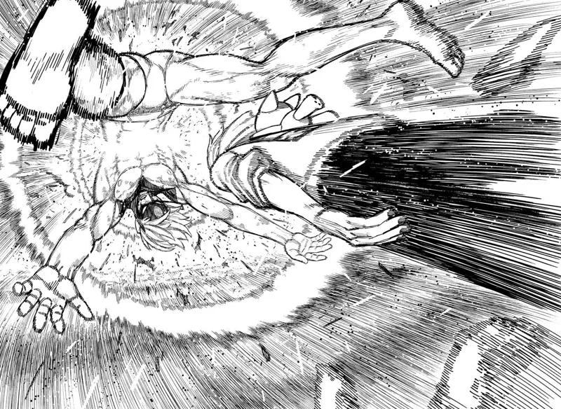 Cursed Okarun hit Evil Eye's body using his head.