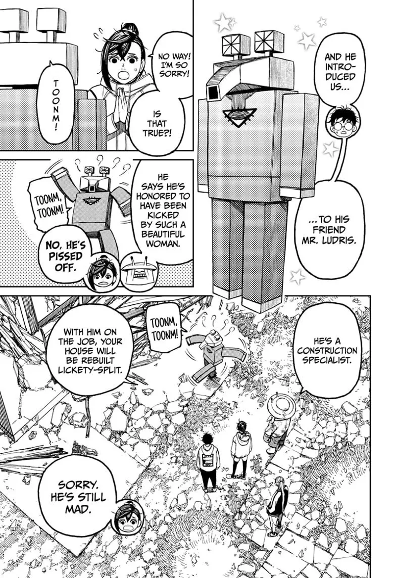 The Robot is Mr. Shrimp's friend whose name is Mr. Ludris, a construction specialist. Momo apologizes.