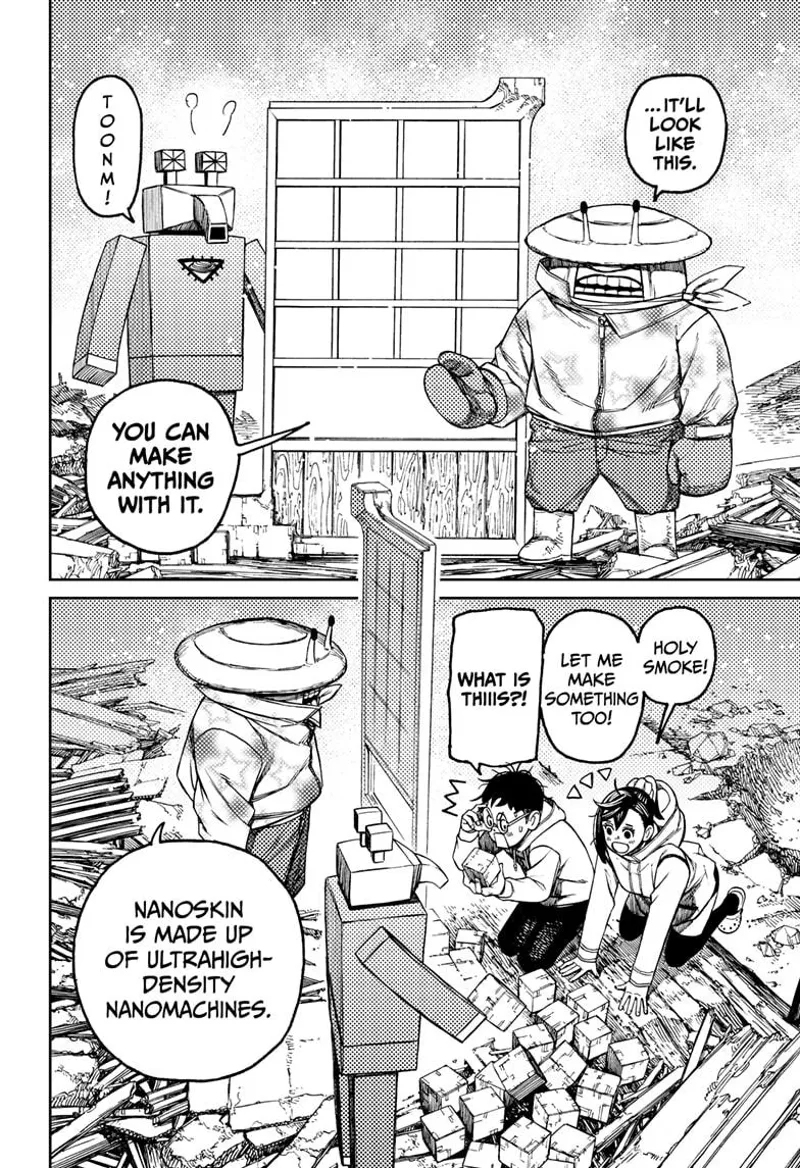 Momo and Okarun are awed at the door, which Mr. Shrimp created using the "Nanoskin," an ultra-high-density nanomachine.