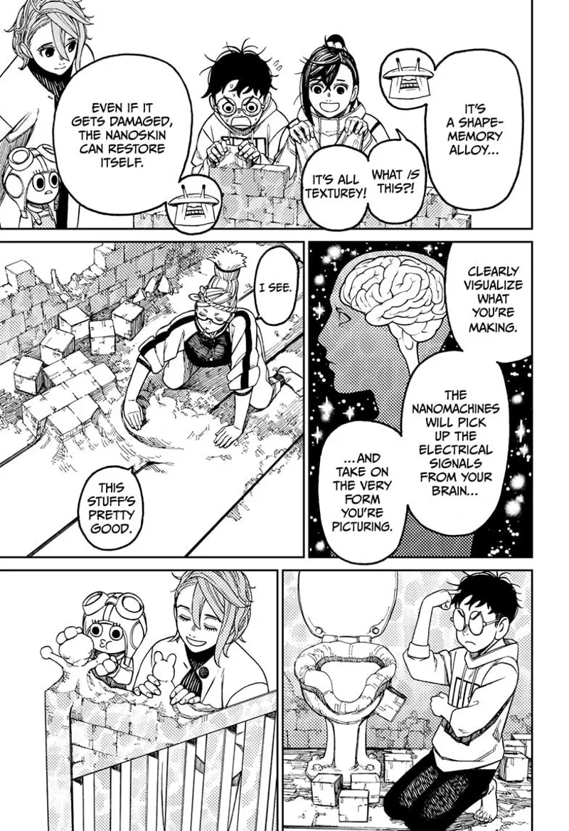 Mr. Shrimp explains that Nanoskins will from what they visualize in their head. They start making house parts.