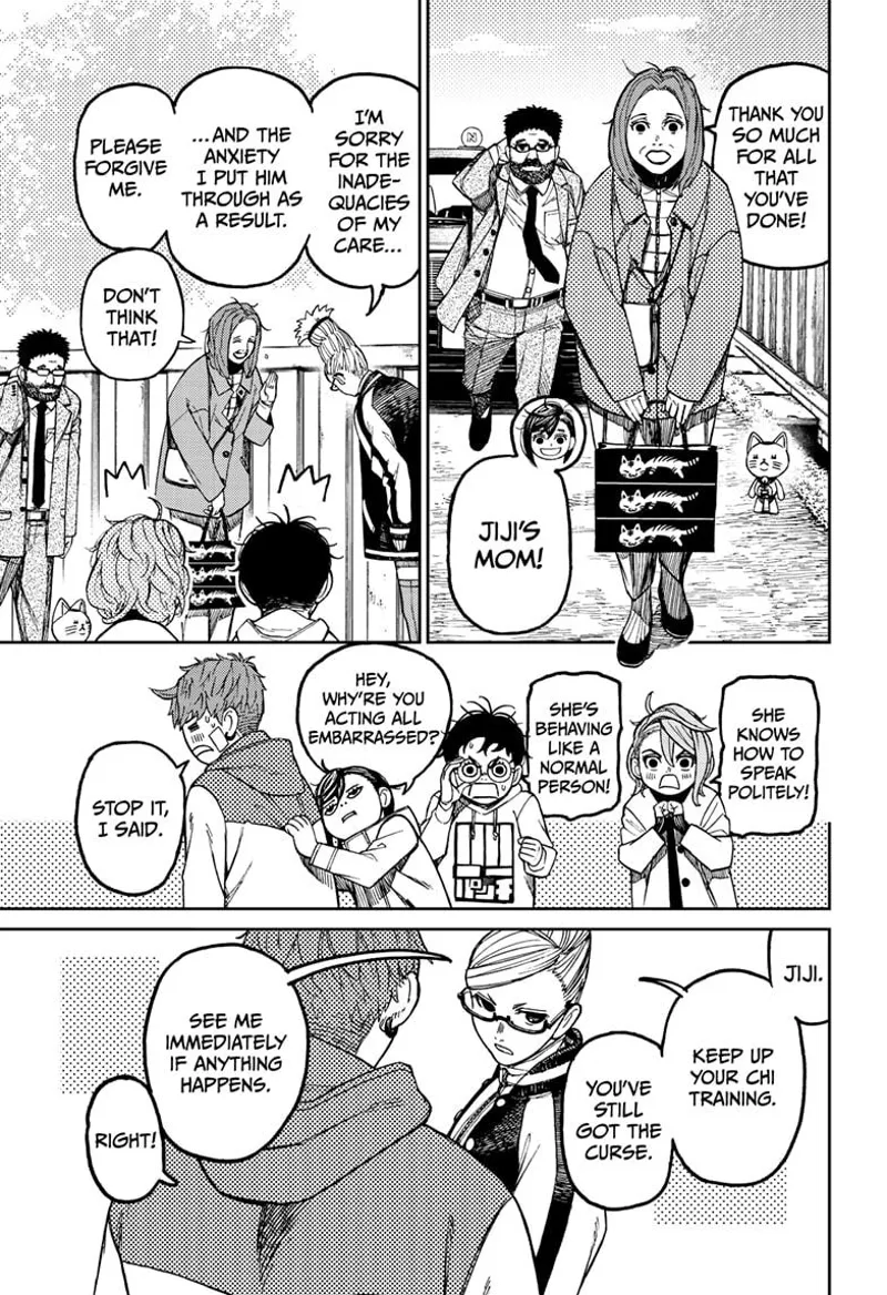 Jiji's parents arrive. Grandma greets them. Jiji looks embarrassed. Grandma tells him to keep up the chi training.