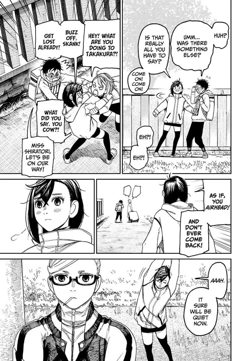 Momo and Aira start bickering again. Aira and Okarun leave. Momo and Grandma stand near the gate.