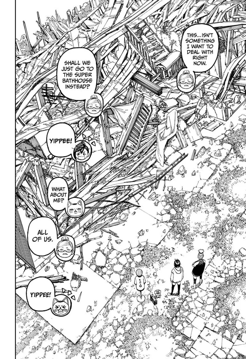 Grandma, Momo, and Turbo Granny stand in front of their broken house. They decided to head to the bathhouse.