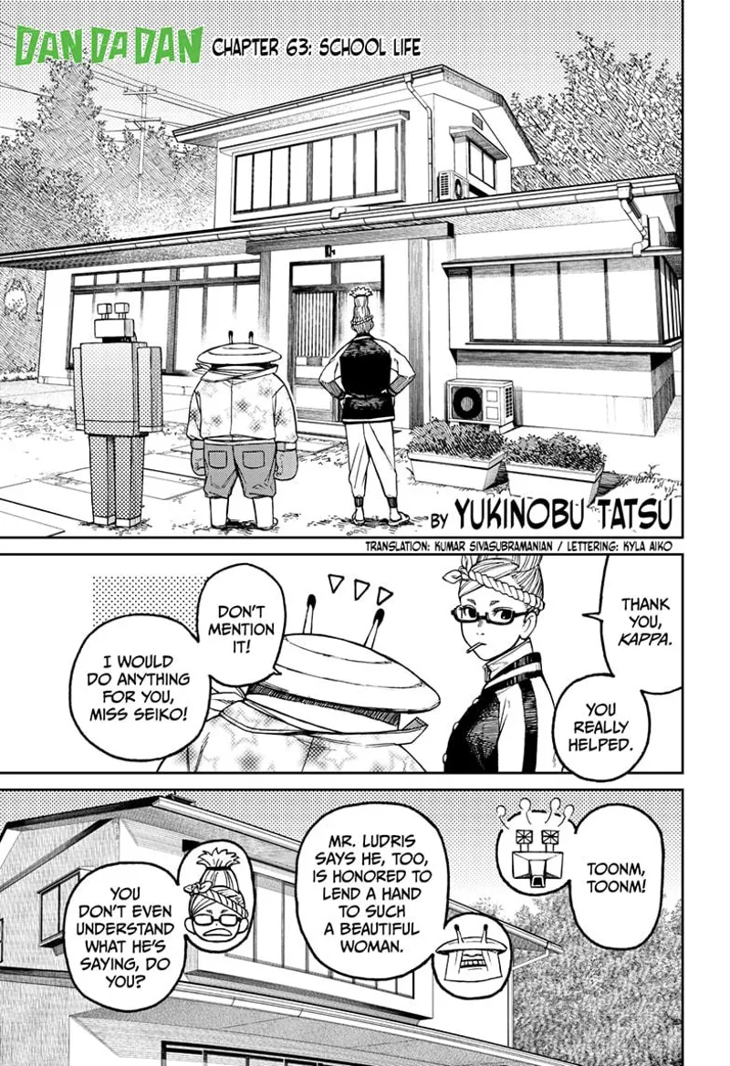 Grandma, Mr. Shrimp, and Mr. Ludris stand before a newly finished house.