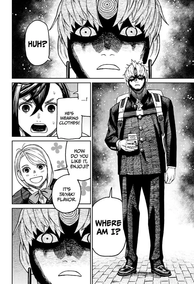 Jiji transforms into Evil Eye after drinking Pampy. He wonders where he is. The lady student smiles at him.