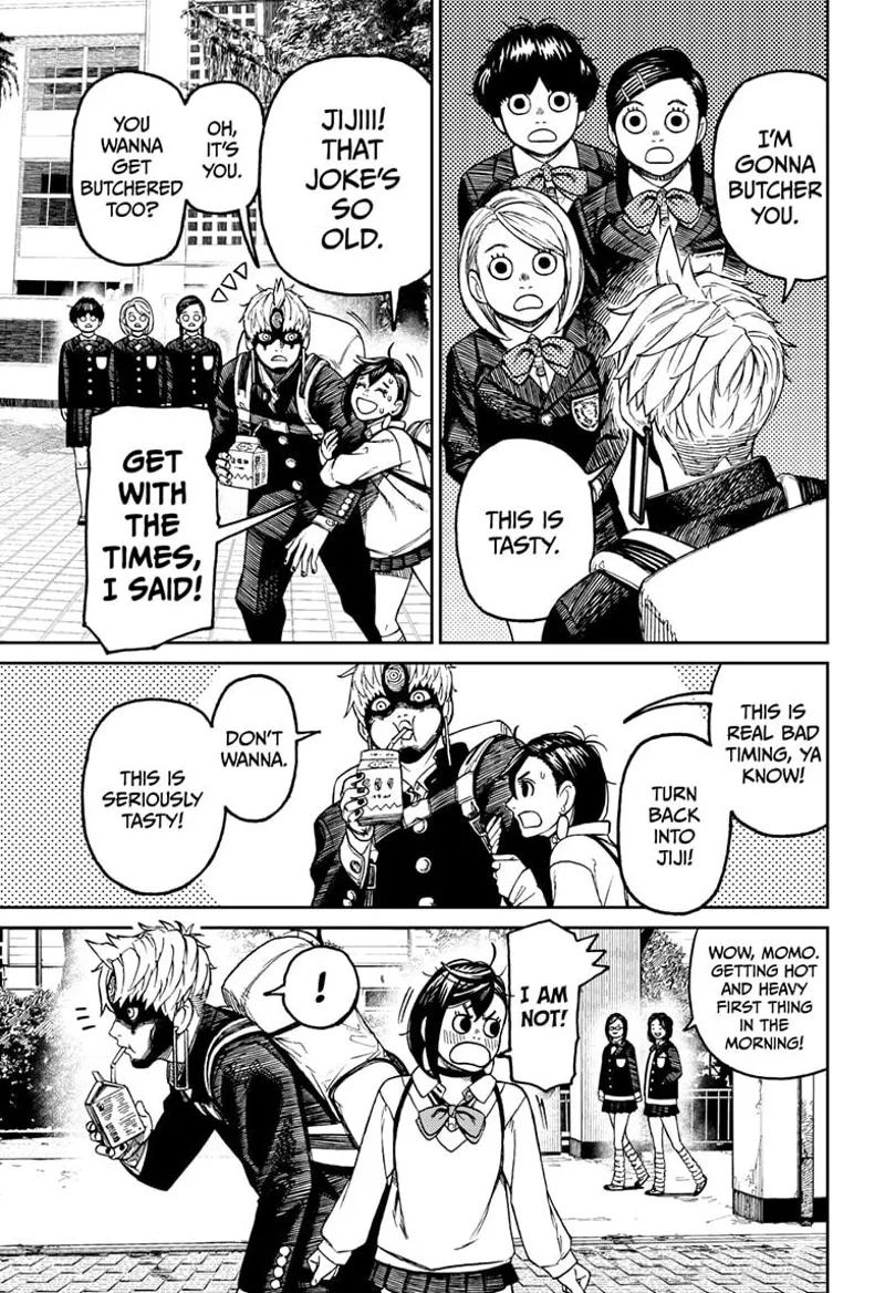 Momo quickly pulls Evil Eye away from the ladies. She tells him to change back to Jiji, but he doesn't want to.