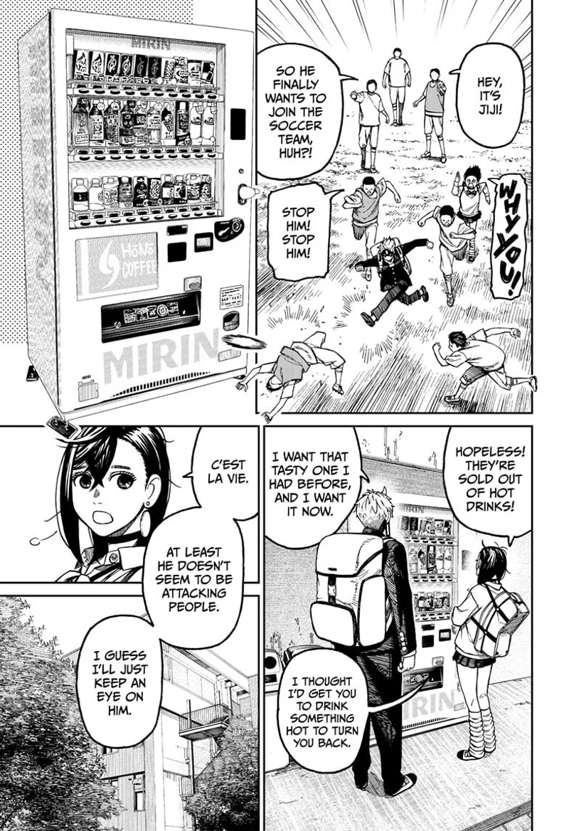 Evil Eye kicks the ball, and the people think Jiji wants to join the soccer team. Momo brings him to a vendo.