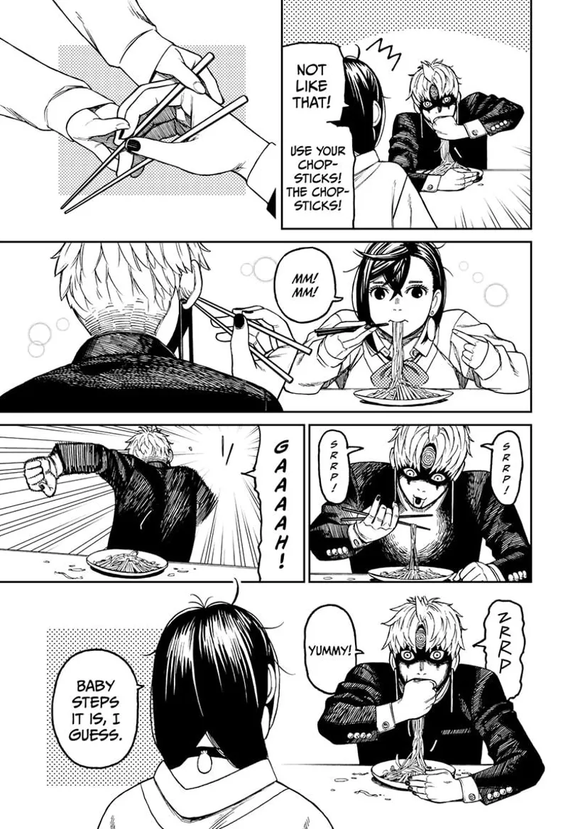 Momo teaches Evil Eye to eat using chopsticks, but Evil Eye runs and returns to eating with his hands.