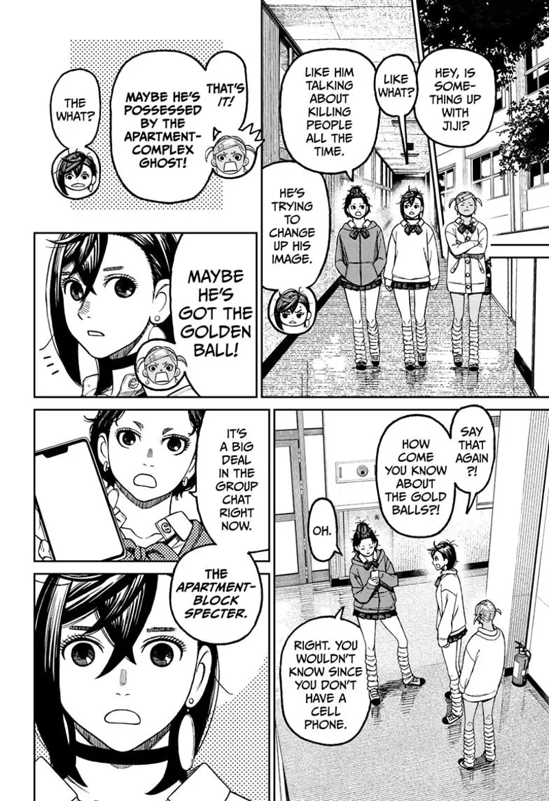 Momo walks with her two girlfriends and classmates, who tell her about the golden ball in the apartment complex.