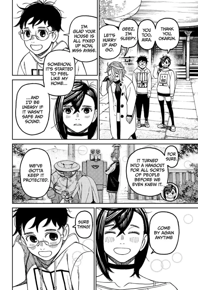 Aira walks and says she's sleepy. Okarun is glad their house has been built. Momo invites him to come anytime.