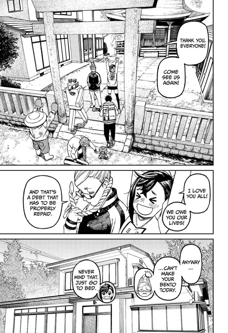 Grandma and Momo thank Mr. Shrimp, Mr. Ludris, Aira, Chiquitita, and Okarun for helping them build their house.