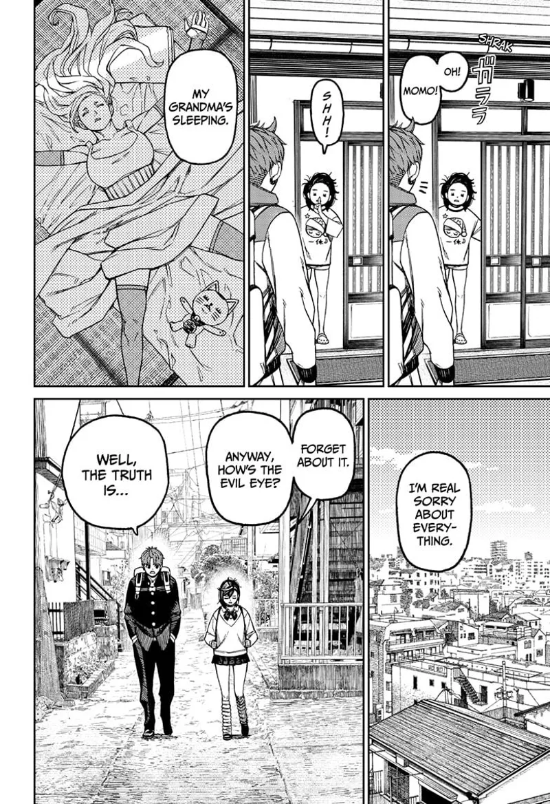 Momo opens the door and tells them Grandma is asleep. Momo and Jiji walk to school together.