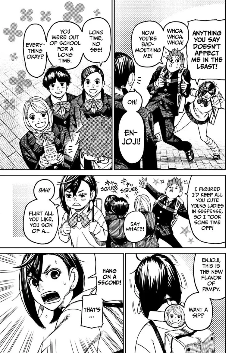 Three ladies approach Jiji, who quickly starts flirting with them. Momo looks back after they offer them Pampy.