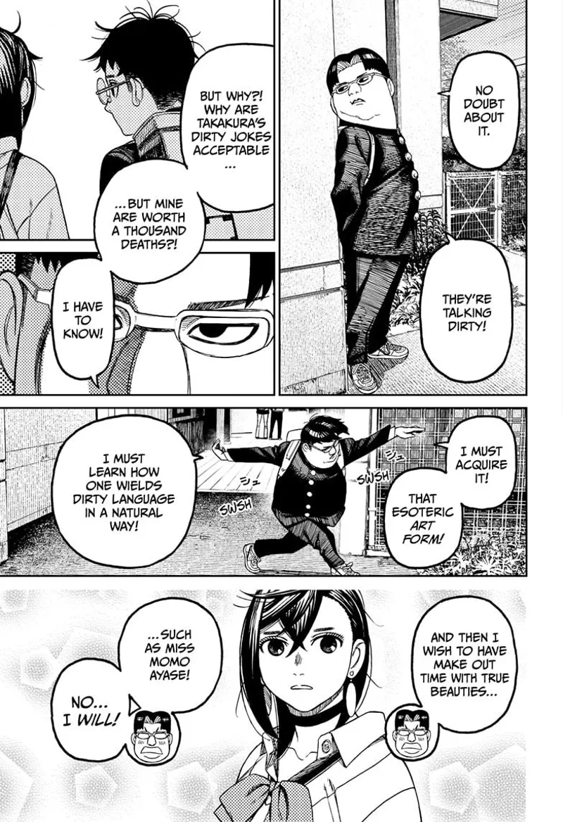 A chubby nerdy classmate walks discretely, wondering how Momo would accept his dirty language.