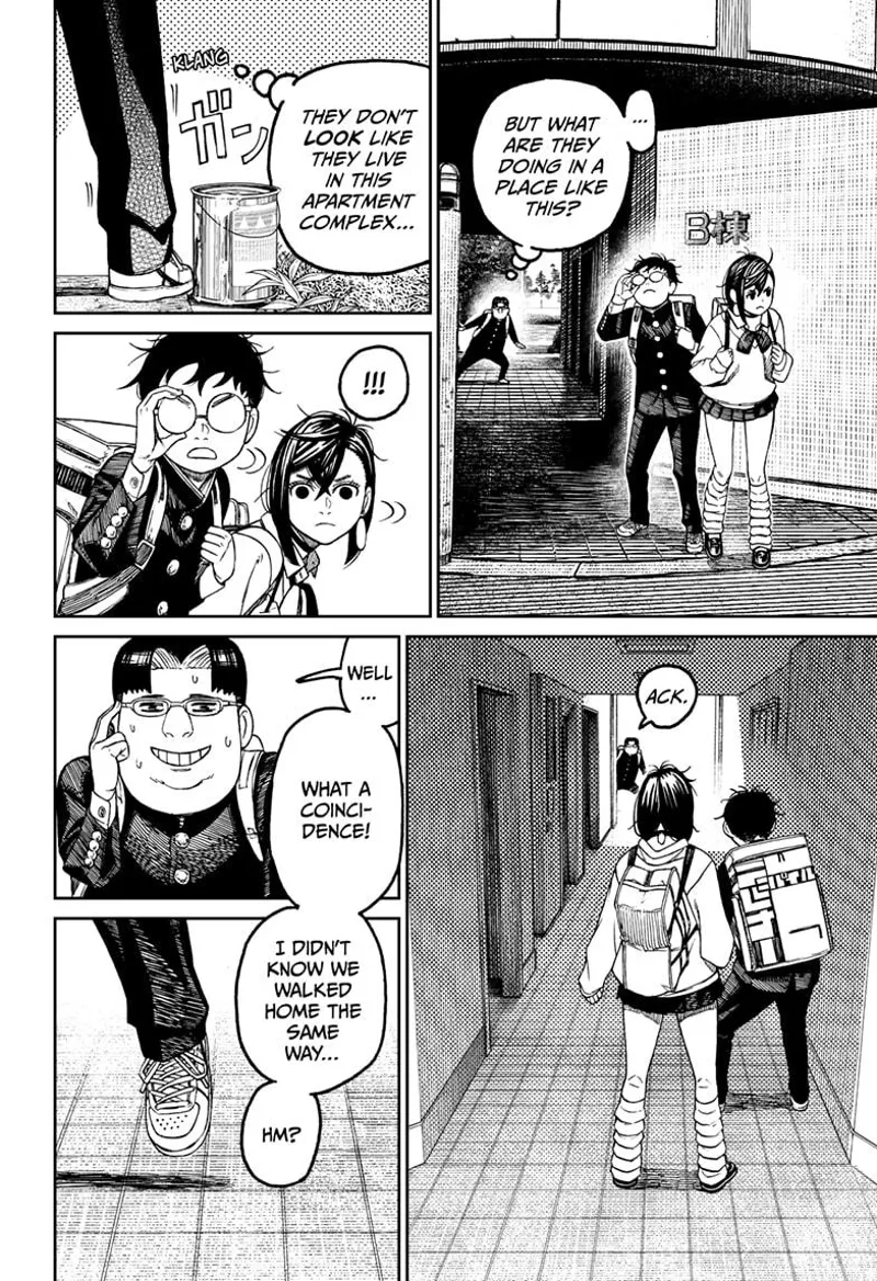 Okarun's chubby, nerdy classmate trips into a can of paint. Momo and Okarun notices him.