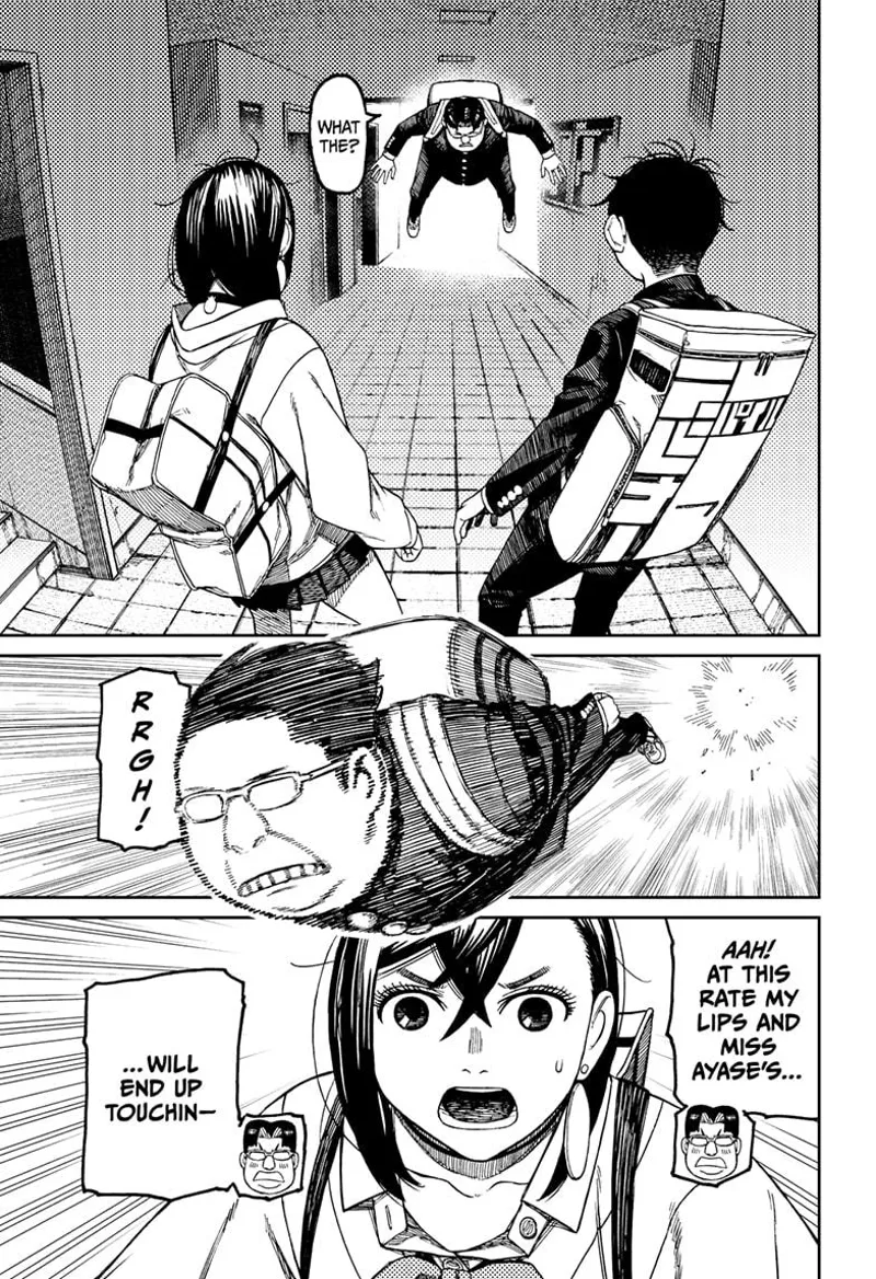 Okarun's chubby, nerdy classmate suddenly levitates. He is thrown directly at Momo.