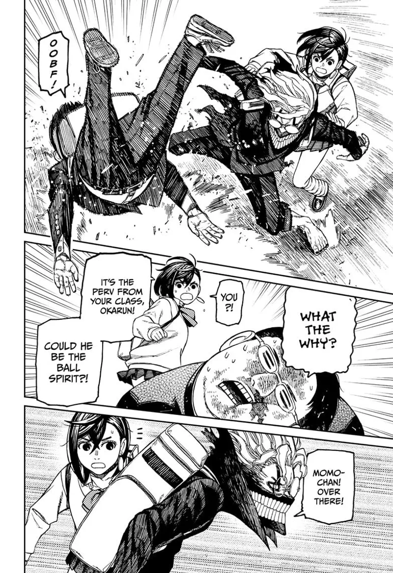 Cursed Okarun saves Momo from the crashing, chubby, nerdy classmate.