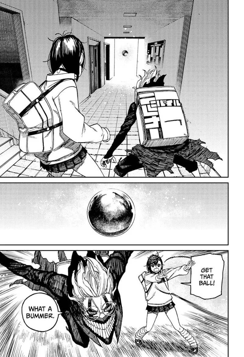 Cursed Okarun and Momo see the golden ball floating. They both dash to get it.
