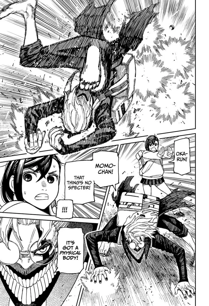 Cursed Okarun suddenly falls back after getting attacked.