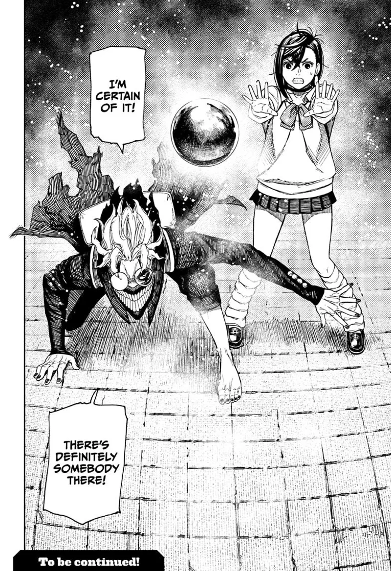 Cursed Okarun crouches while Momo stands beside him before the levitating golden ball.