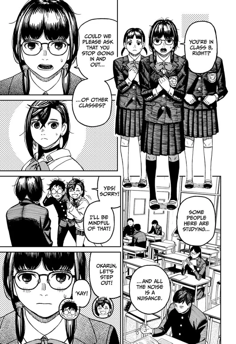 Three students ask Momo not to cause too much commotion when entering their room because they are studying.