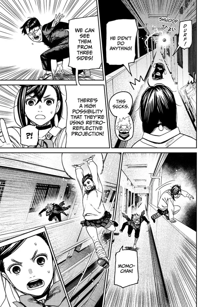 The perv student reveals the enemy is using retroreflective projection. Momo and cursed Okarun scatter.