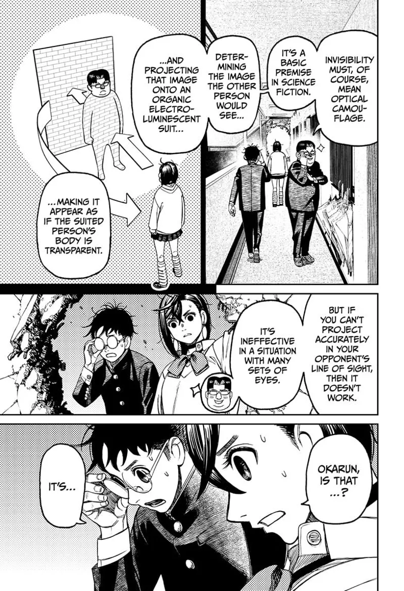 The pervy student explains the concept of invisibility using science. Momo and Okarun look below.