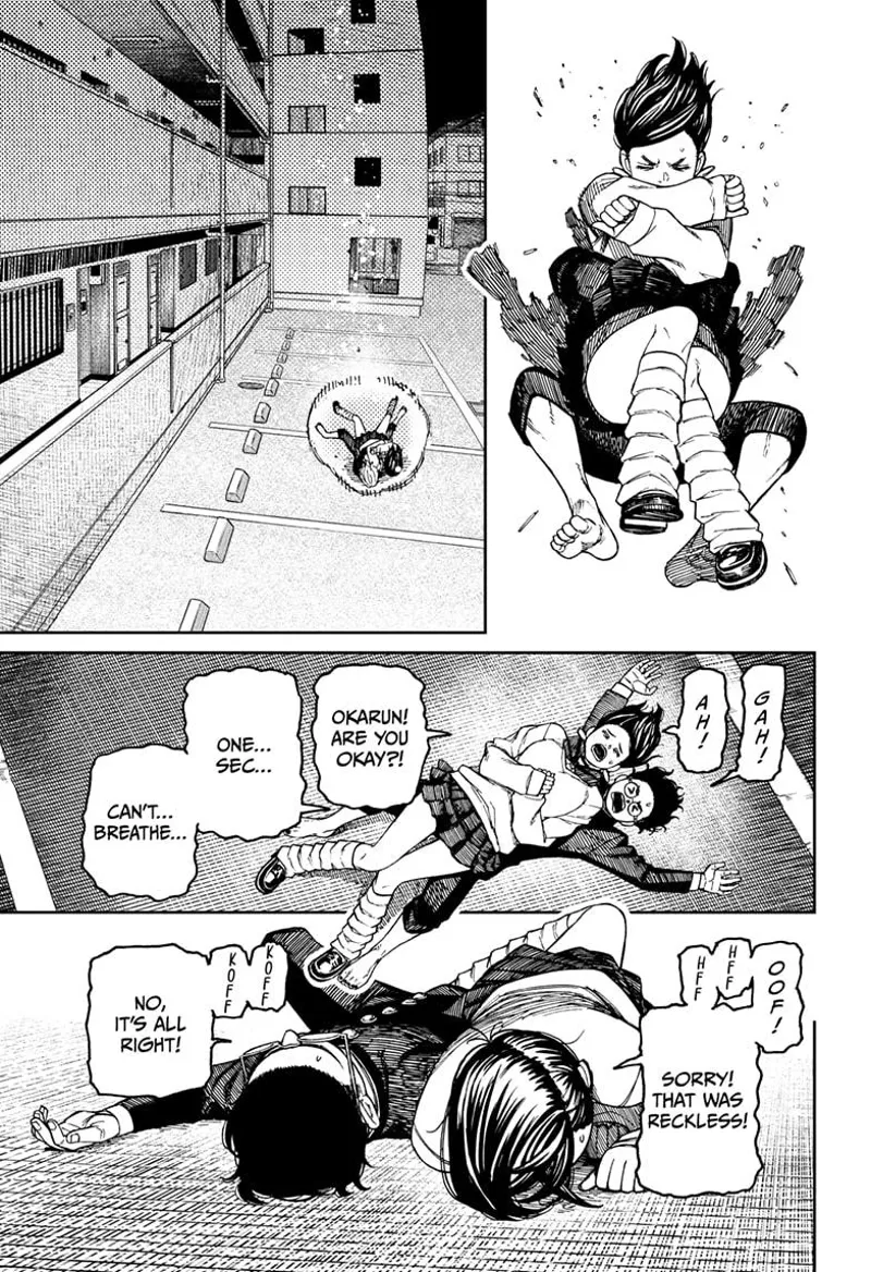 Momo uses her telekinetic powers to cushion their landing. They reach the ground and grasp for air.