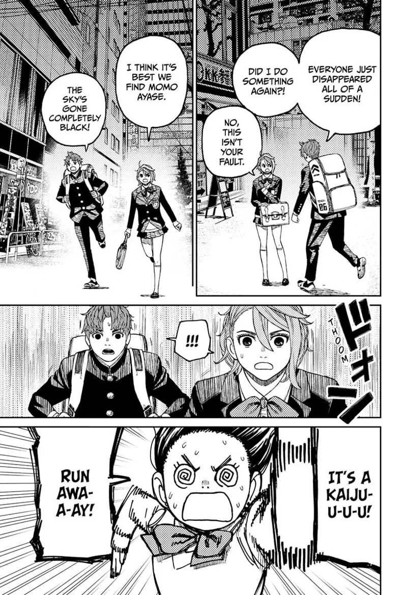 Aira and Jiji try to find Momo, but they see her frantically running, warning them of a Kaiju.