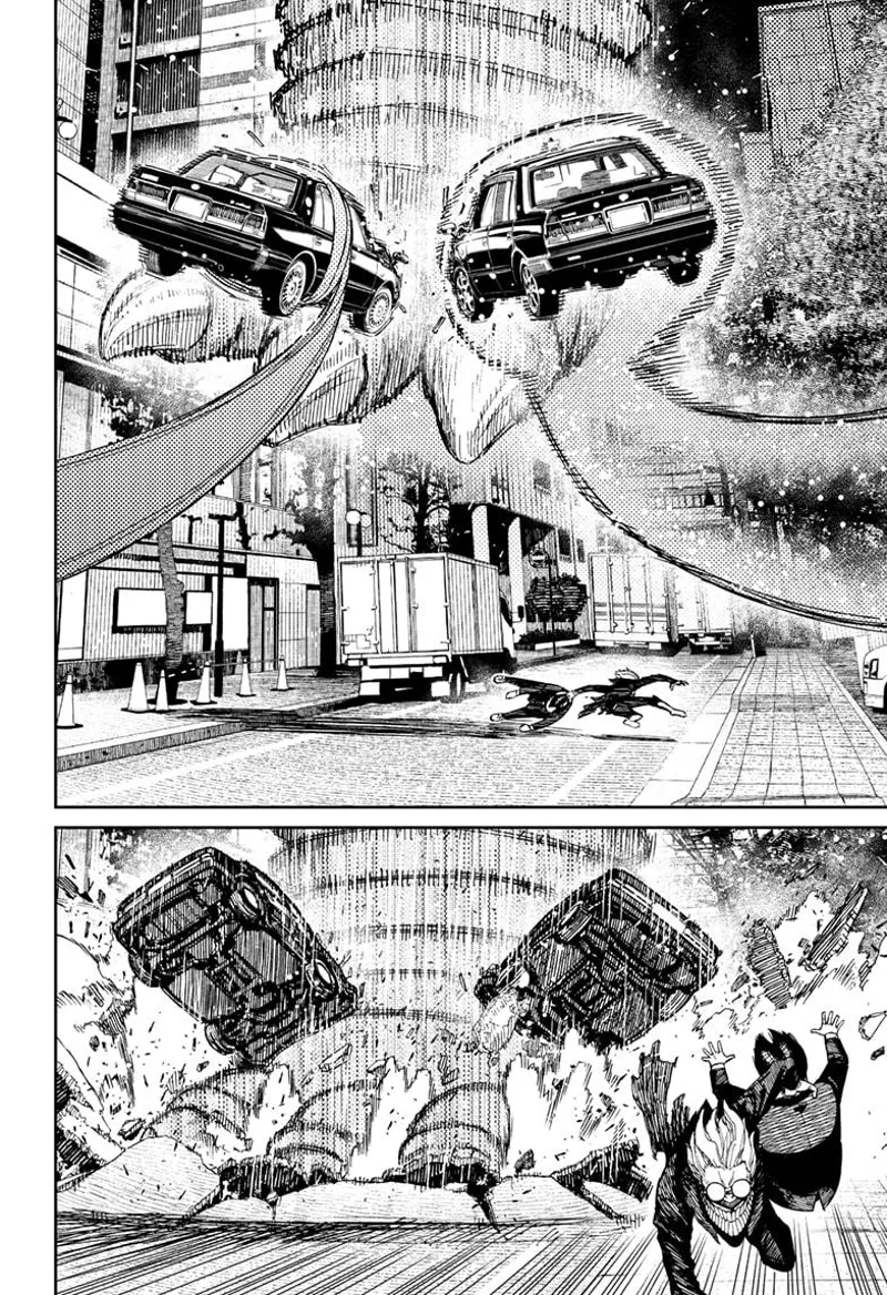 Momo hits the Kaiju's foot with two cars as cursed Okarun rescues his pervy classmate.