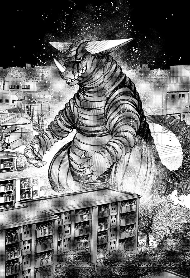 The Kaiju is much taller than the buildings around it. It has sharp horns, sharp claws, and wrinkled skin.