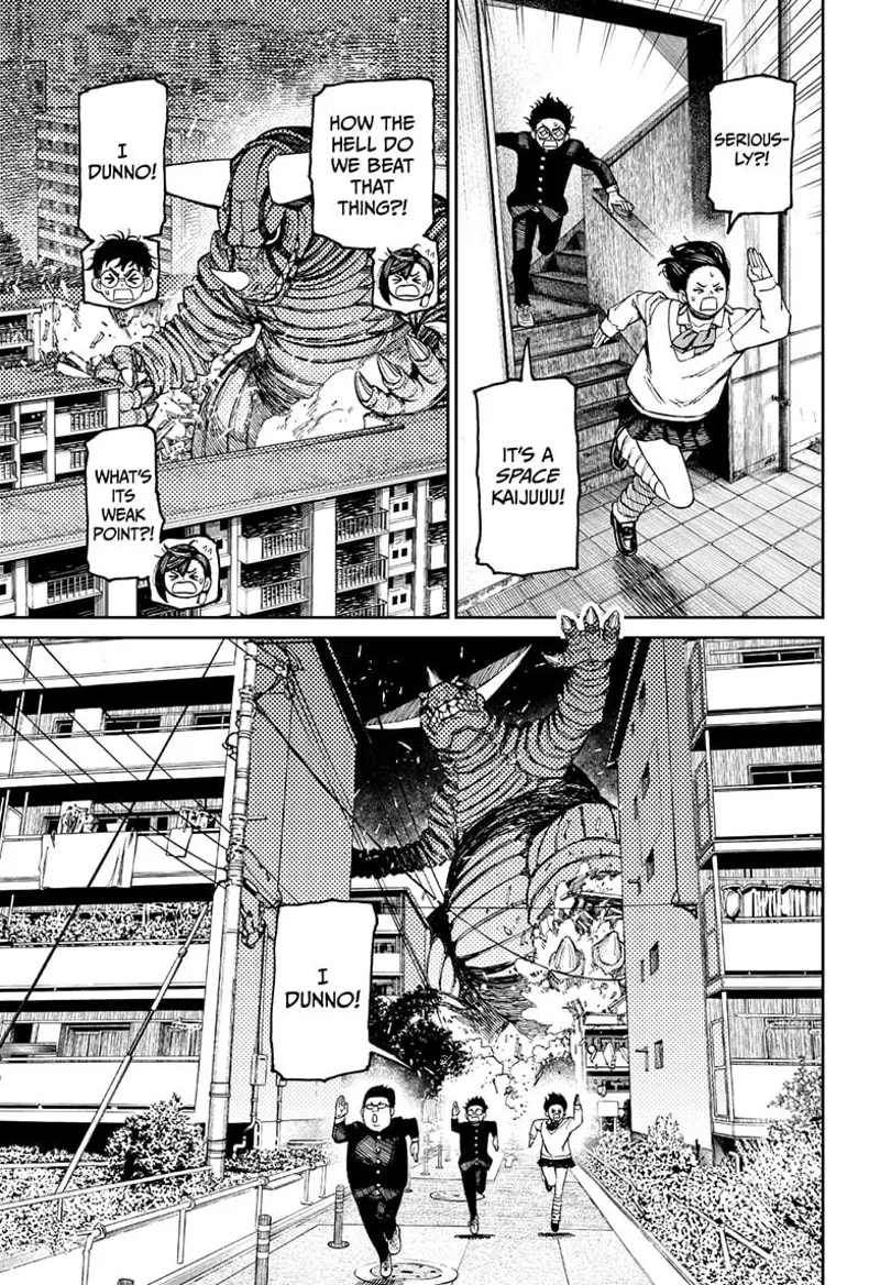 The pervy student, Momo, and Okarun run out of the building and into the plaza as the Kaiju chase them.