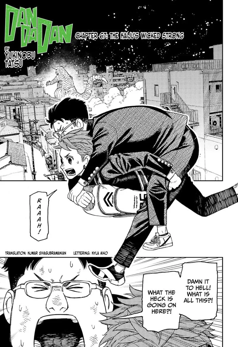 The pervy guy complains while Jiji carries him away from the rampaging Kaiju.