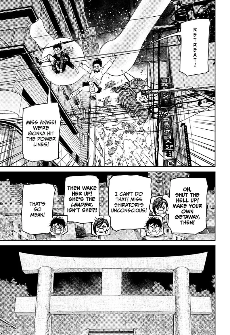 Momo, Okarun, and Aira escape fighting as the Kaiju destroys the buildings.