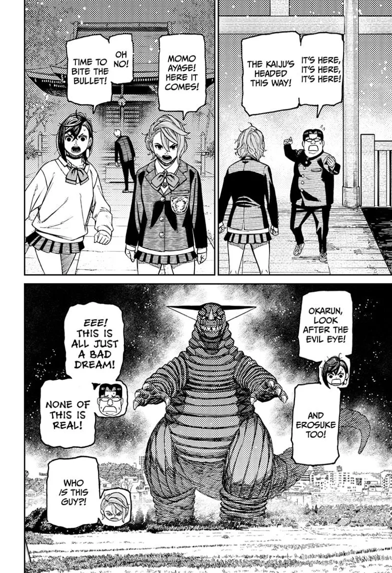 The pervy guy, Erosuke, informs them that the Kaiju is coming.