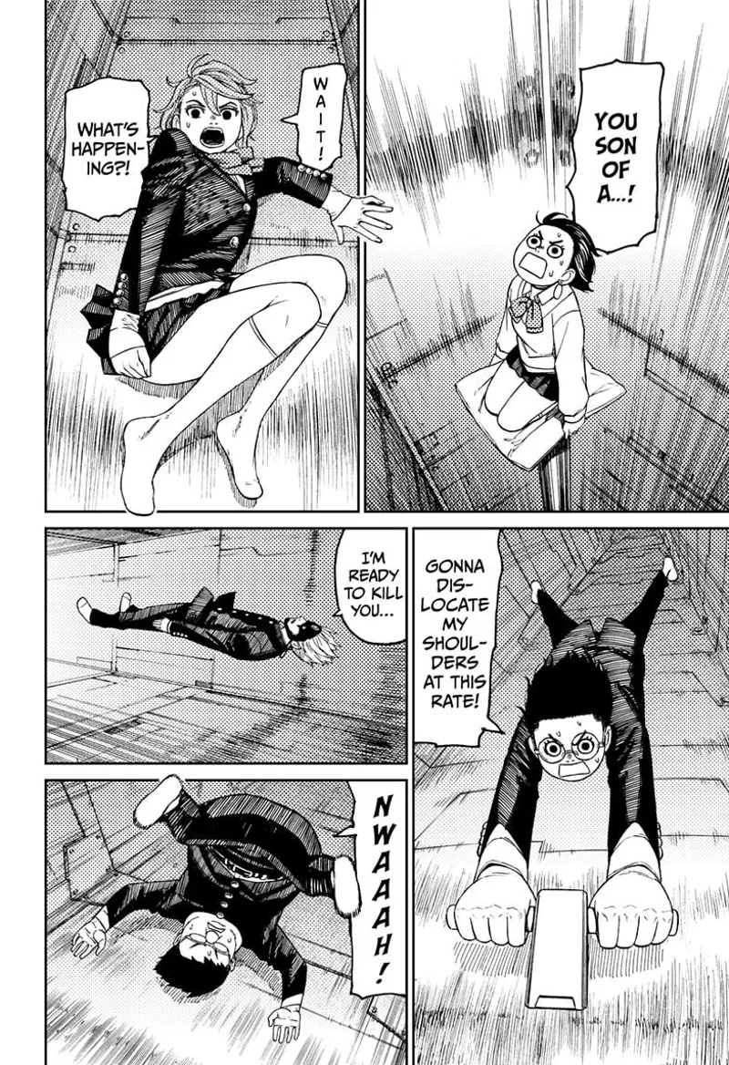 Momo goes up. Aira slides. Okarun hangs on. Evil Eye is falling. Erosuke tumbles.