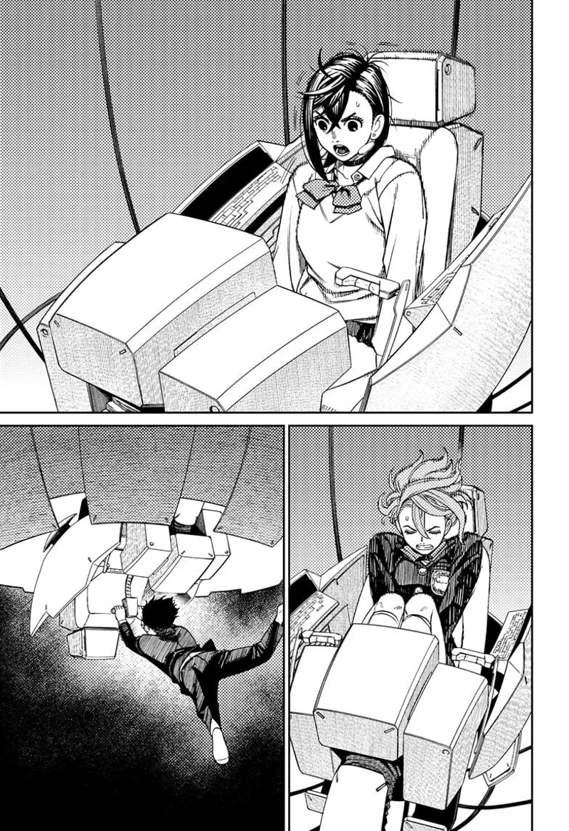 Momo and Aira are in a console. Okarun is holding on to avoid falling.