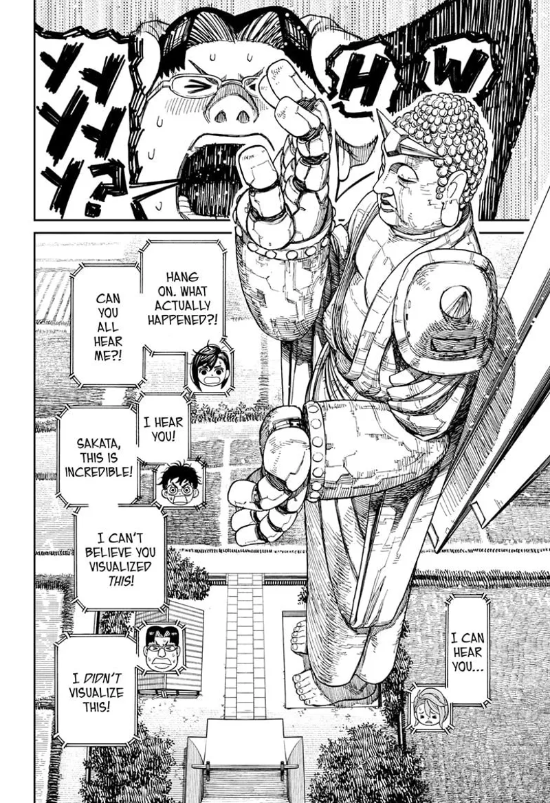 A giant Buddha robot stands amidst a vast field. Okarun is impressed at Kinta Sakata's imagination.