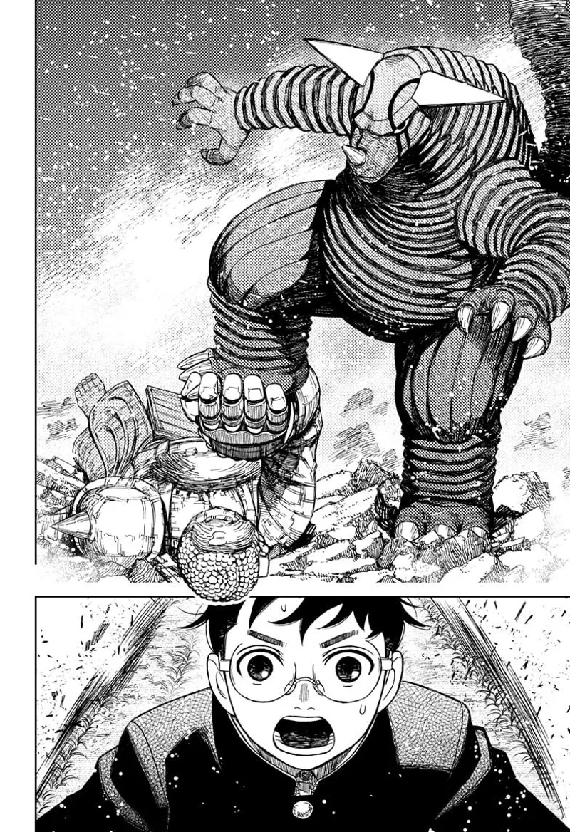 The Buddha stops the Kaiju's stomp with his bare arm.