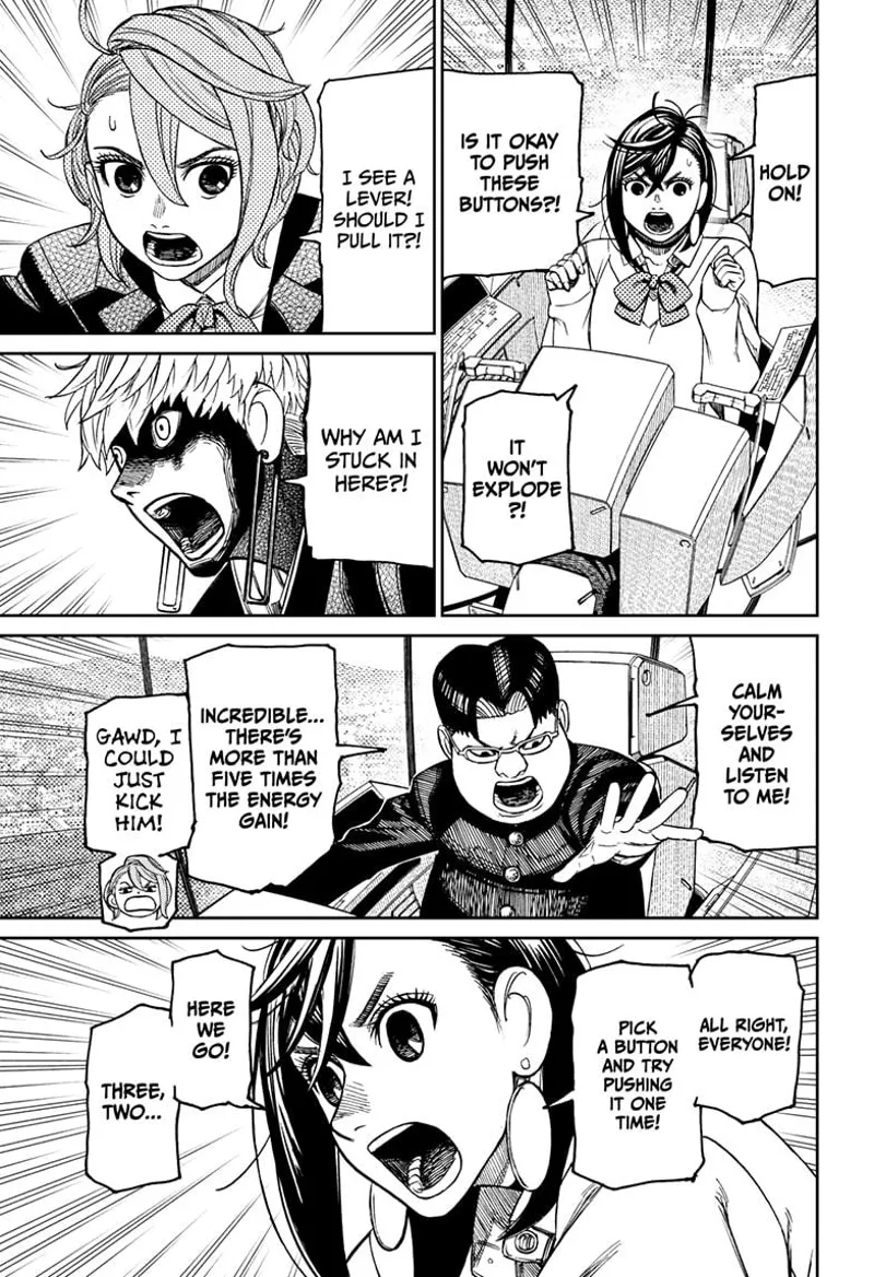 The gang doesn't know how to operate the Kaiju. Momo tells them to just pick a random button and push it.