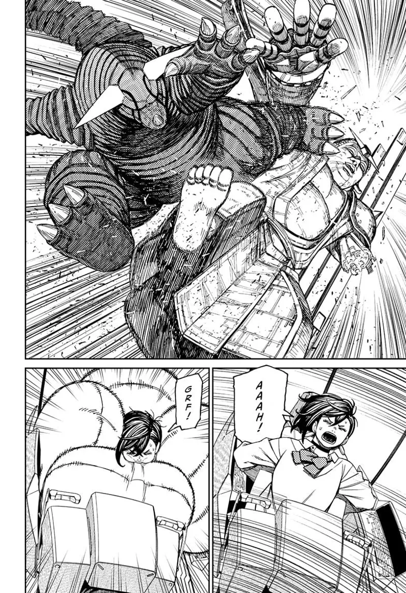 The Giant Kaiju kicks the Buddha in the face. Momo braces for impact, but an airbag suddenly pops.