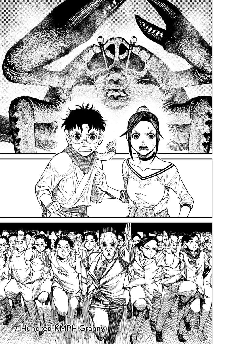 The huge crab monster appears, and the possessed people run towards Momo and Okarun, who are standing in fear.