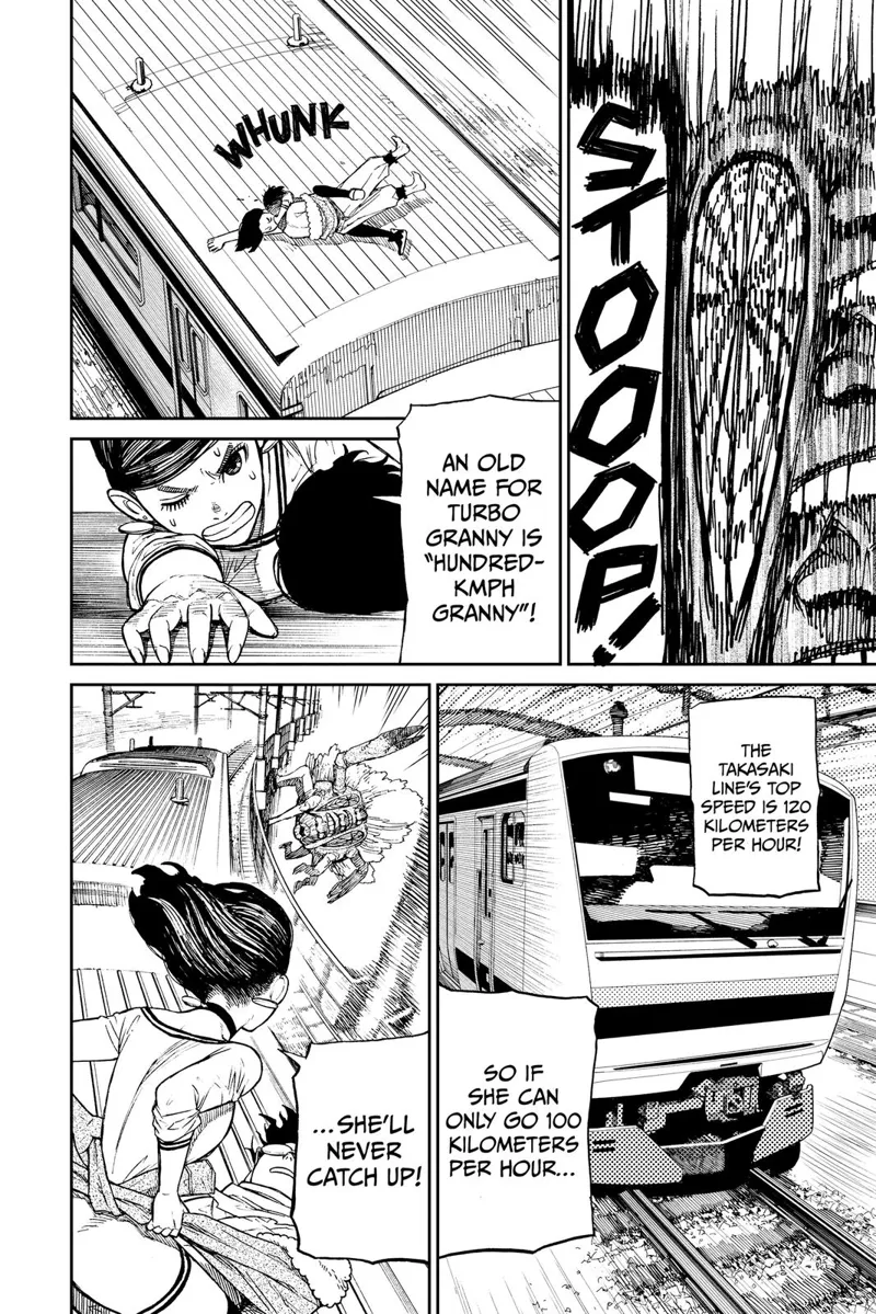 Turbo Granny gets mad at their escape. Momo and Okarun are now on the train, running 120 KMPH. Turbo Granny chases them.