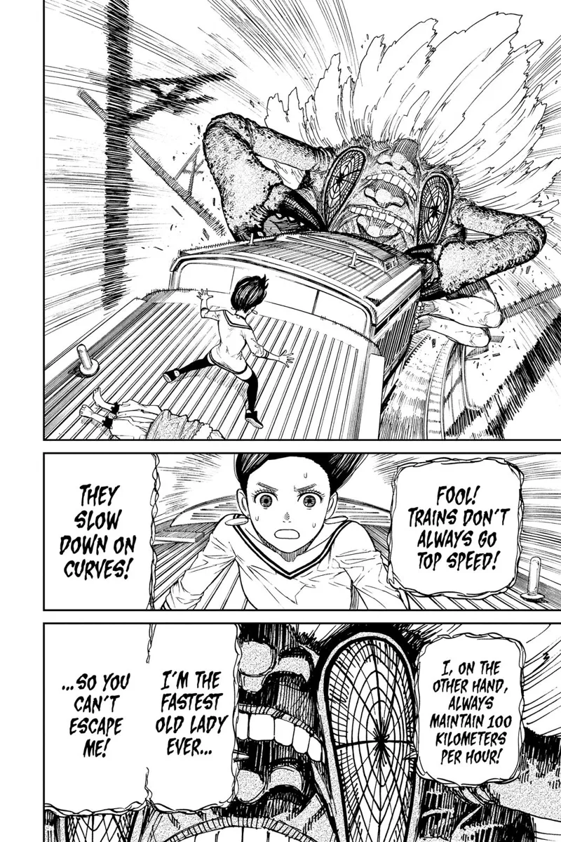 Turbo Granny latches on to the back of the train and boasts of her 100 KMPH speed. Momo watches her.