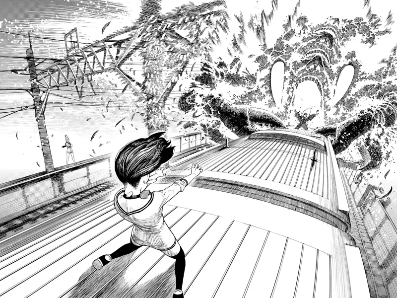 The huge crab bursts into flames after passing through the sealed area. Momo keeps holding her.