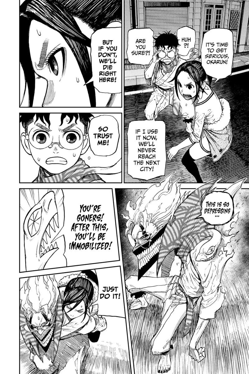 Momo tells Okarun to get serious. Okarun transforms into cursed form, ready to run at full speed while carrying Momo on his back.